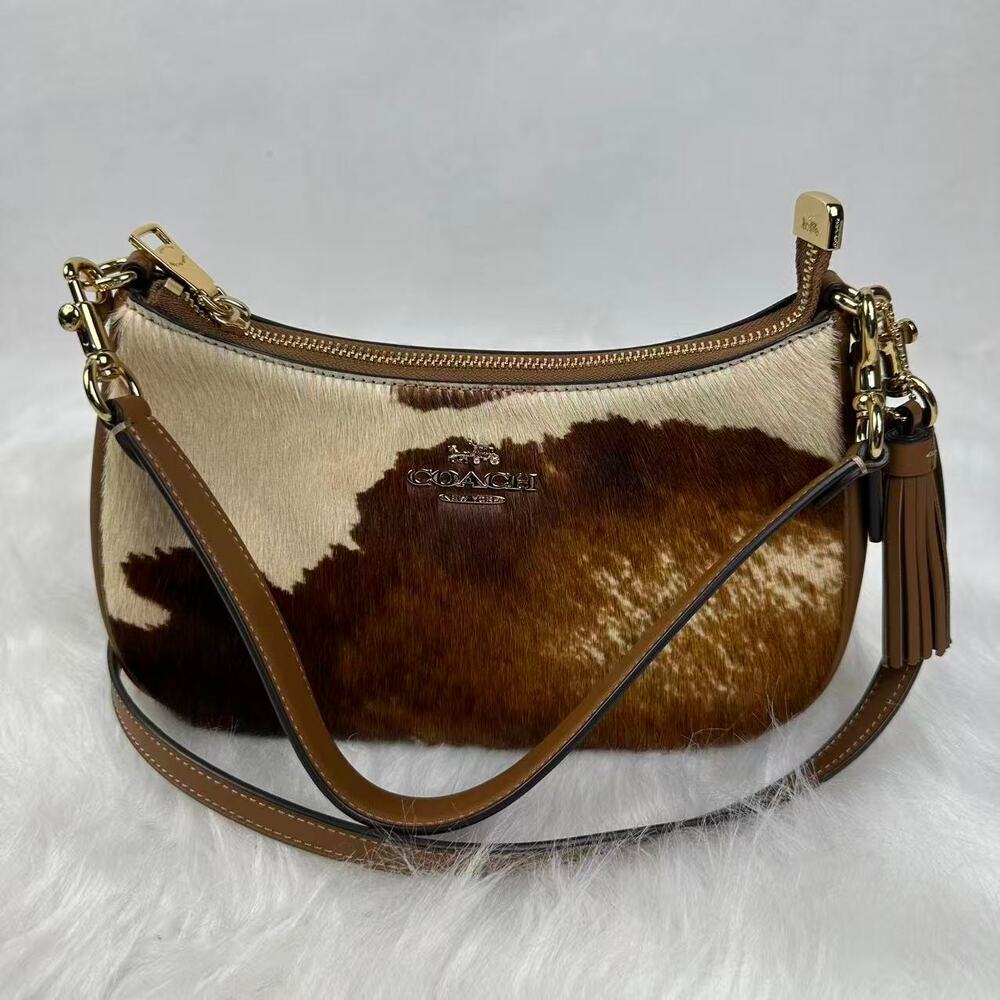 COACH Teri Shoulder Bag In Haircalf With Cow Print CDW45 Gold/Cow Multi New